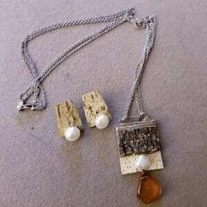 Artisan Bark and Pearl Necklace and Earrings